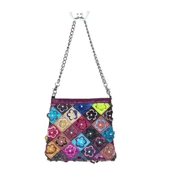 Multi-colored 3D Floral Leather Rhinestone Shoulder Bag Clutch Bag - Picture 14 of 16